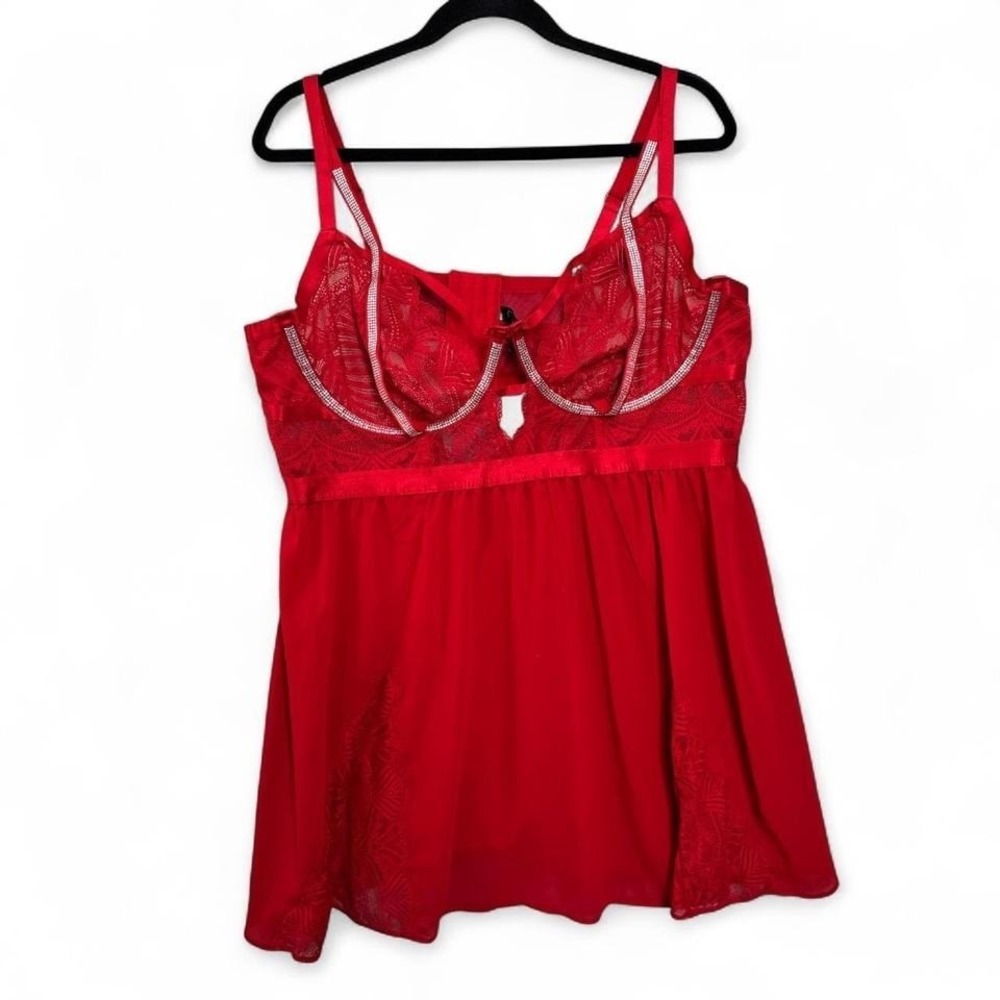 Torrid Sz 3 Red Lace Babydoll Chemise Lingerie Rhinestone Mesh Valentine Sexy